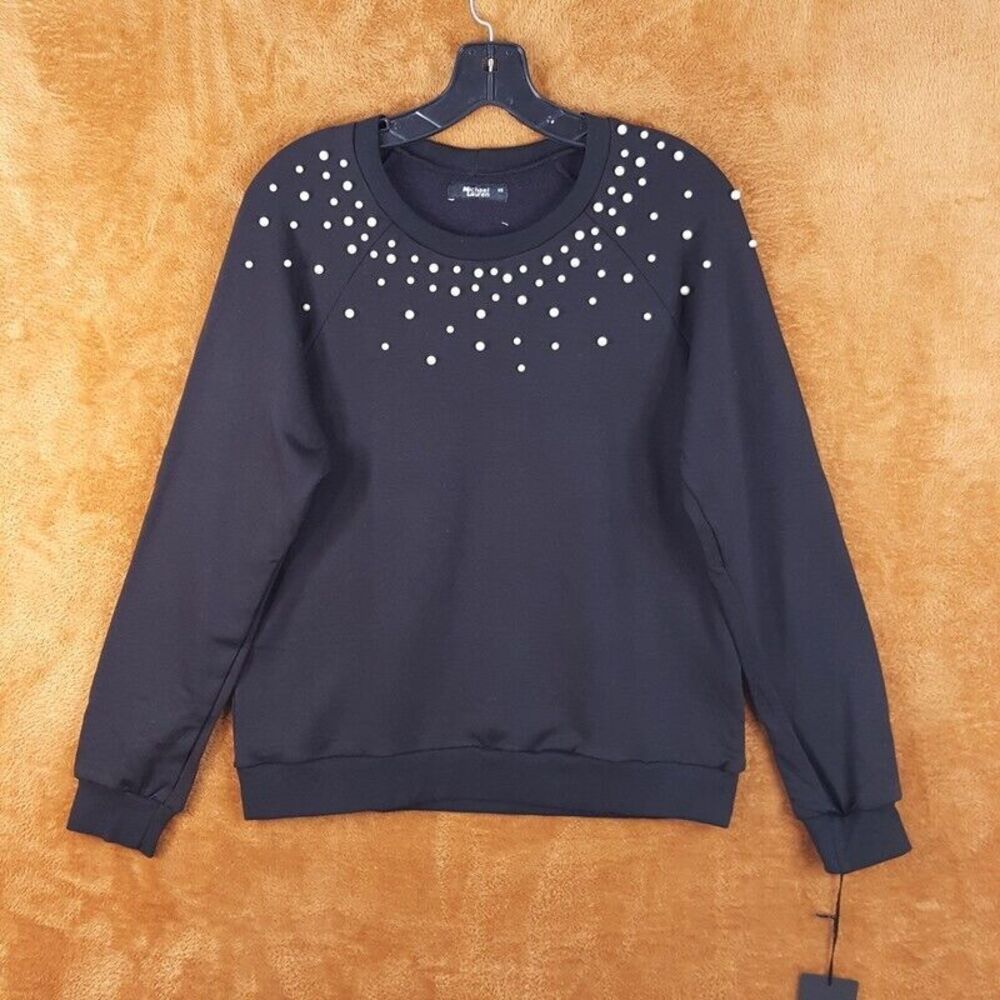 MICHAEL LAUREN Womens Sweater XS Black Pullover Fleece Lined Pearl Sweatshirt